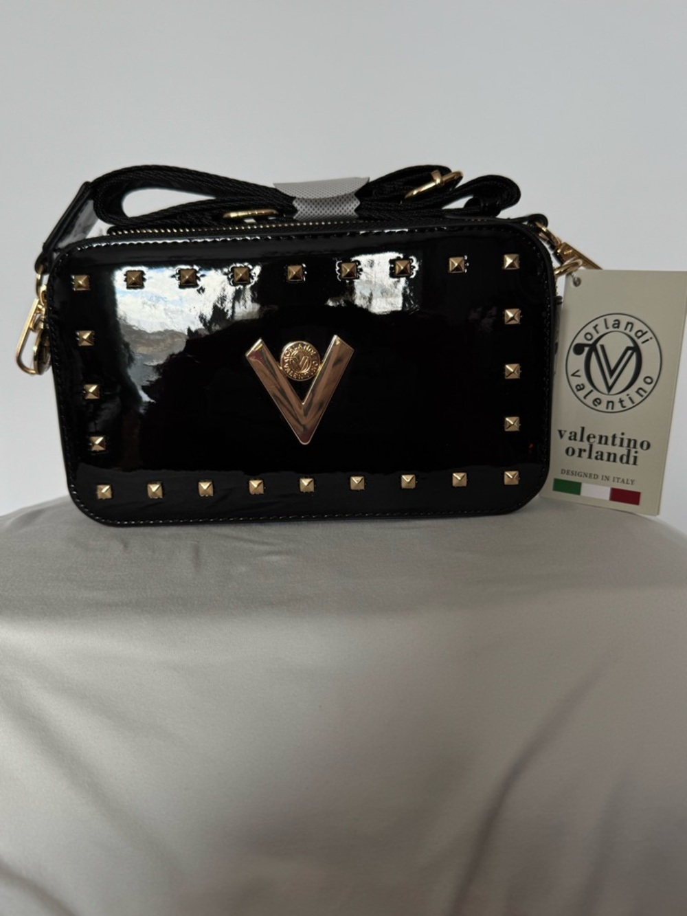Valentino Orlandi Black Patent Leather Studded Crossbody Bag NWT